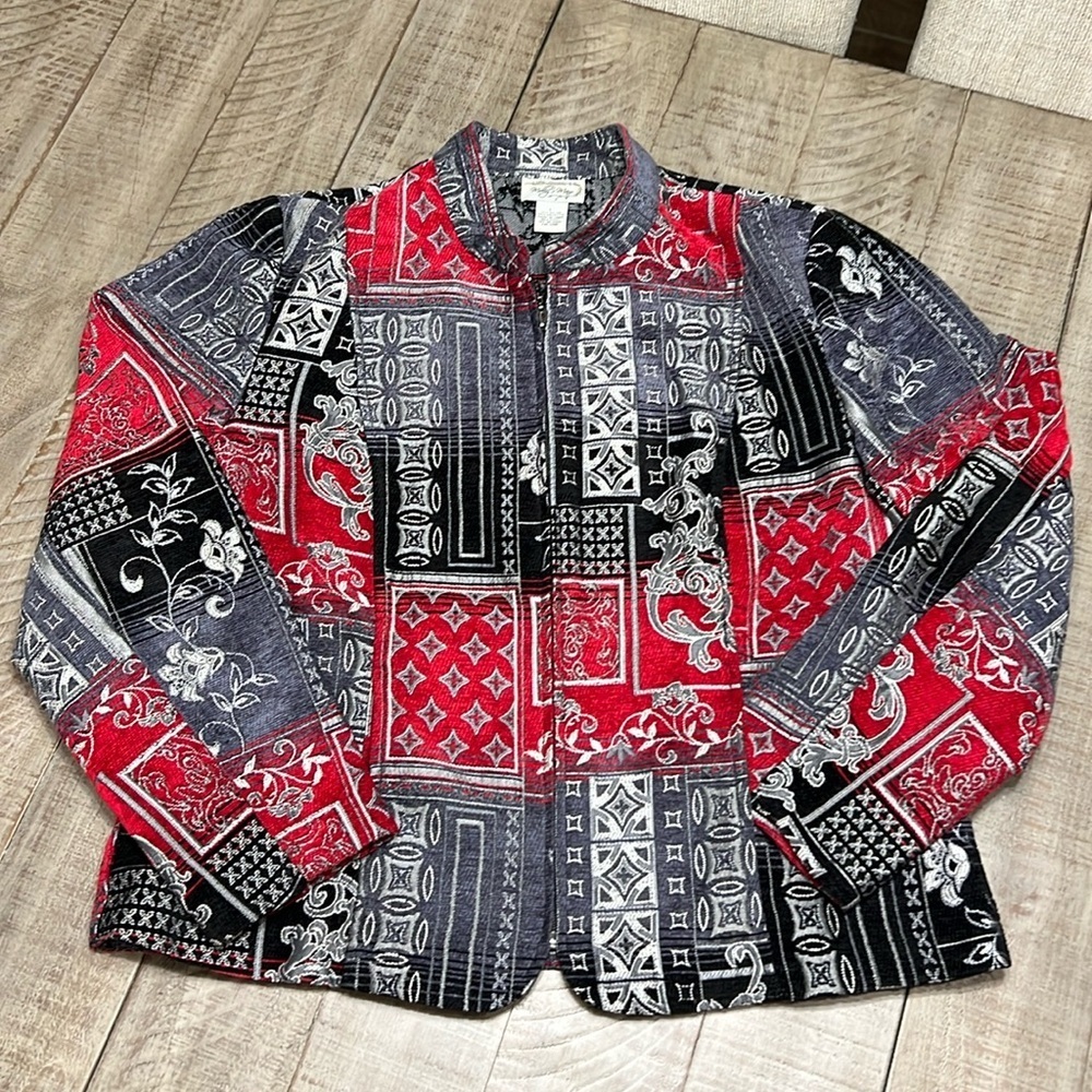 Molly & Maxx Plus Sz L Tapestry Zipper Front Jacket Red Black Long Sleeve Pkts